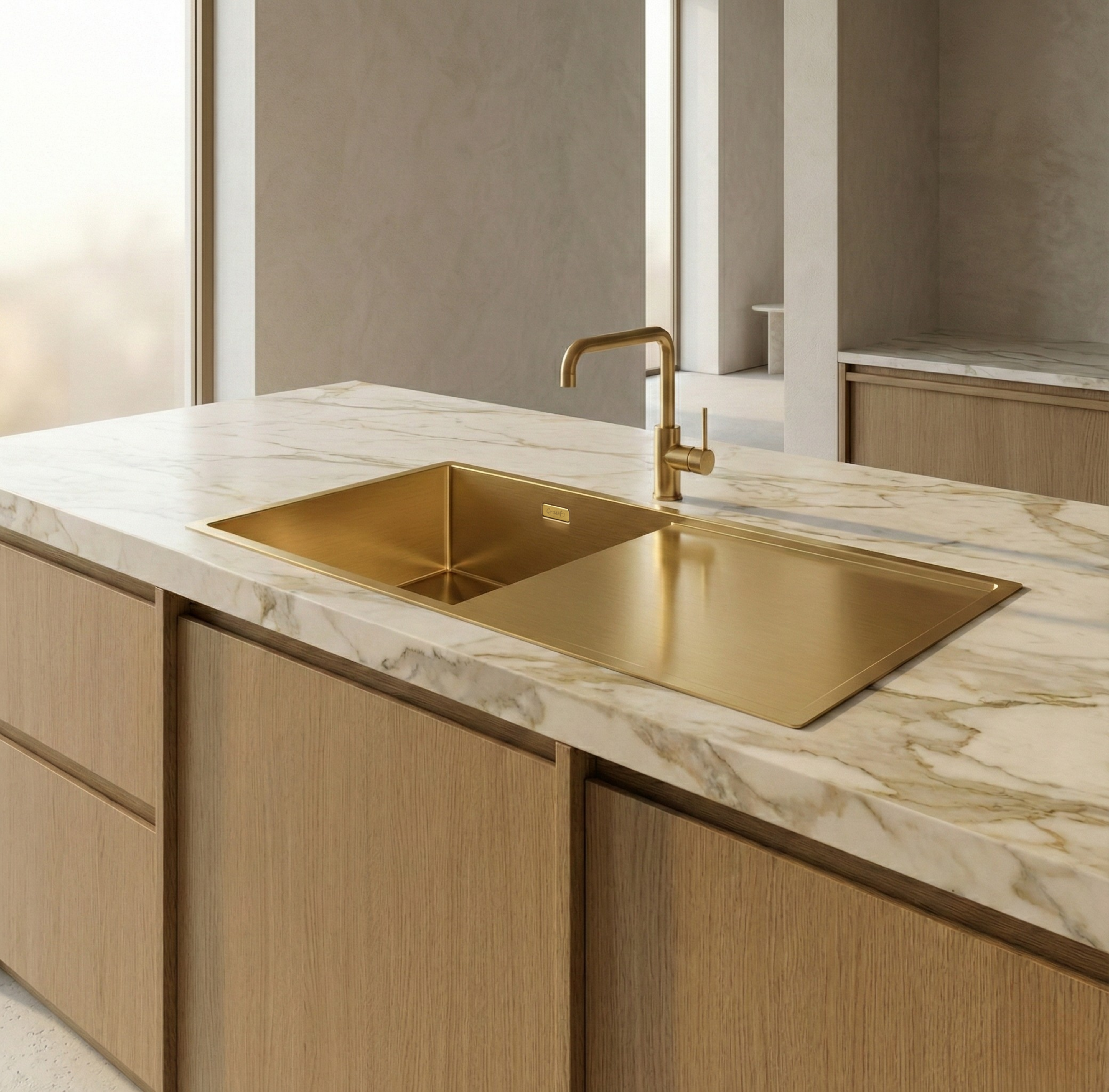 CRAUF Via Bella 6072 altın (Imperial Gold) damlalıklı mutfak evyesi